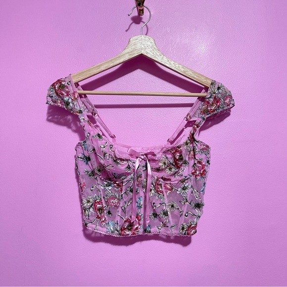 Victoria's Secret Pink Floral Embroidered Cap Sleeve Corset Top Women’s Medium - Picture 4 of 15